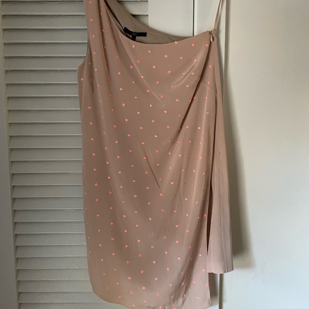 Tibi One Shoulder Nude w/ Pink Flower Sequin Dress